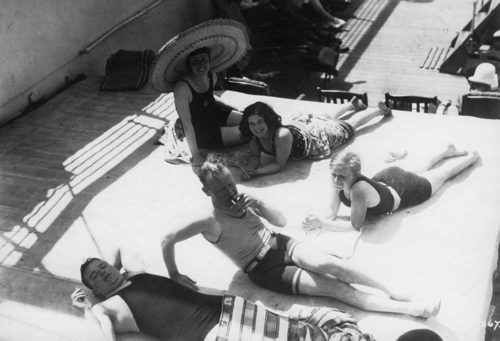 Detail of Passengers sunbathing on board a cruise ship by Anonymous