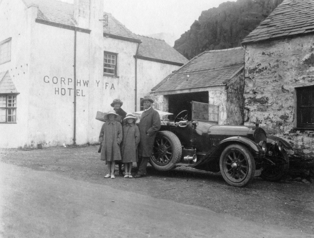 Detail of A family standing beside their car, Gorphwysfa Hotel, North Wales by Anonymous