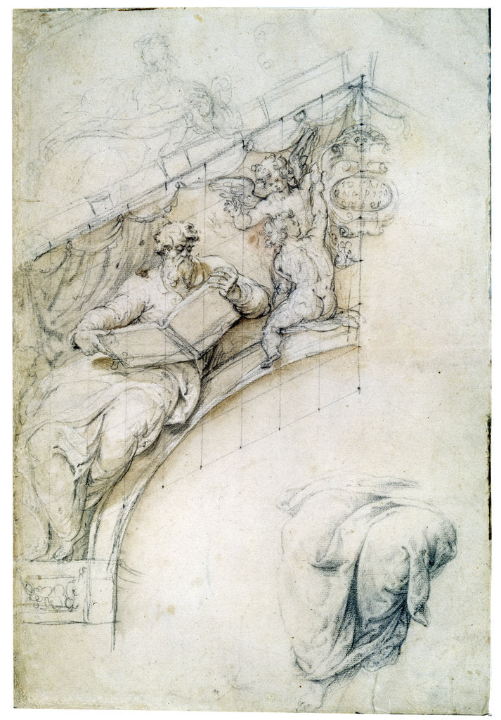 Detail of Decoration of a wall over an entrance arch with a Prophet and two Puttos, c1525 by Perino del Vaga