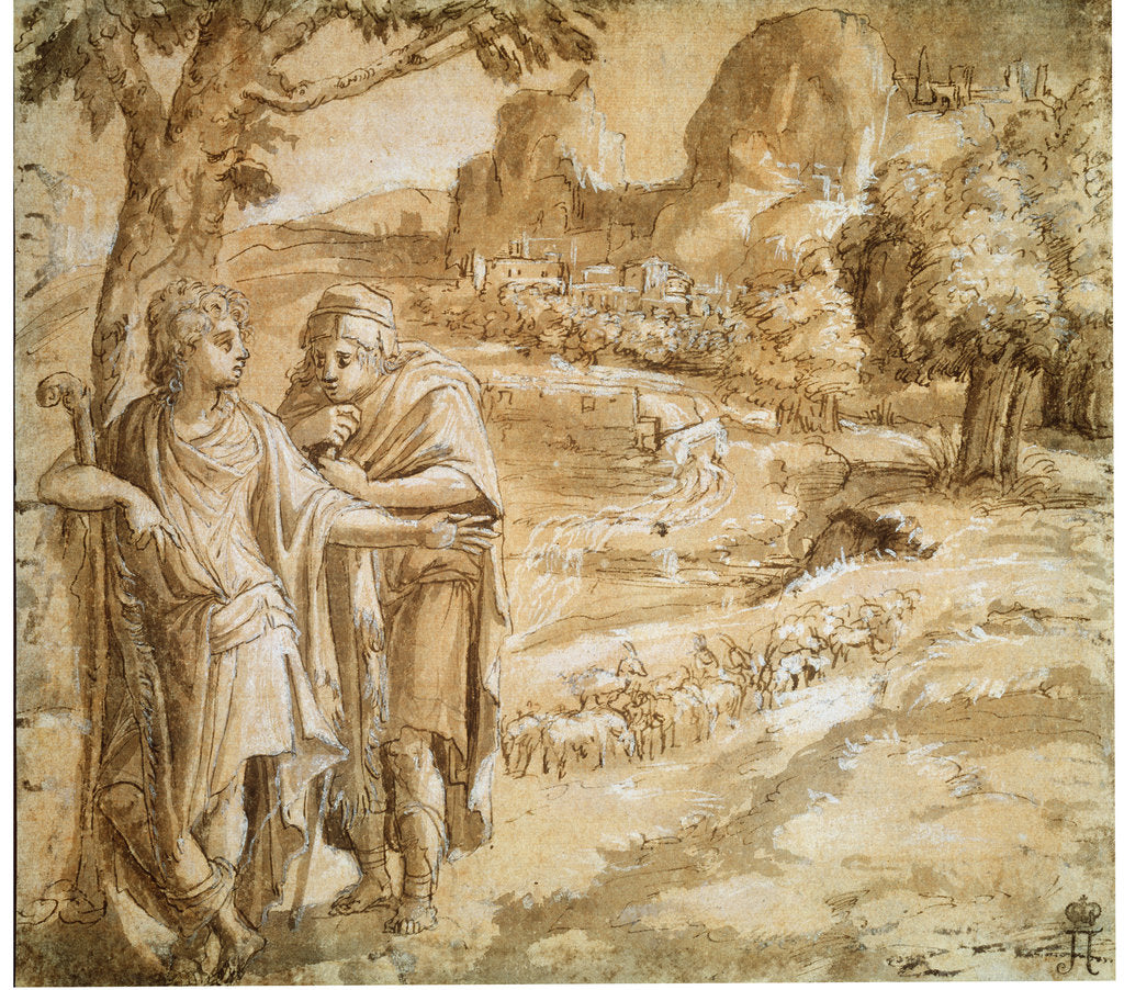 Detail of Shepherd and Piligrim in a Landscape, c1550 by Pirro Ligorio
