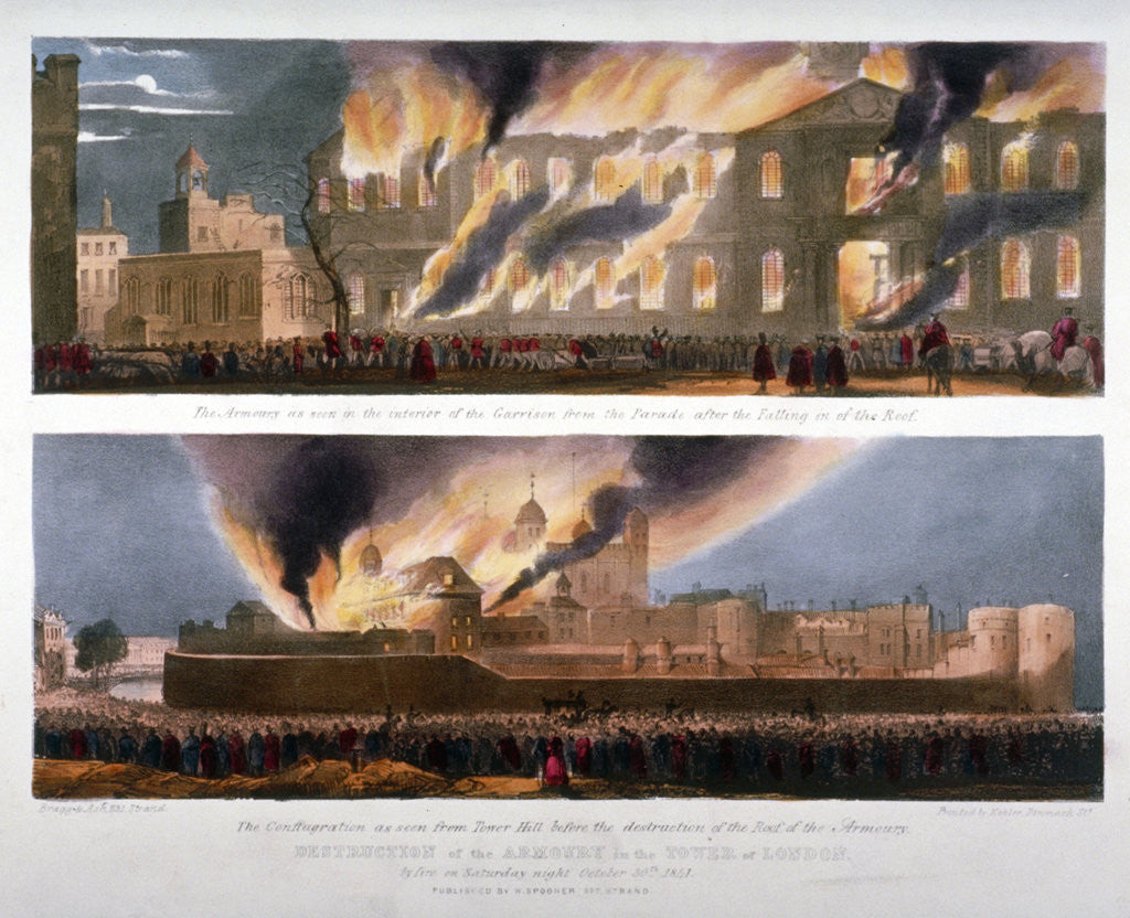 Two views of the destruction of the Armoury in the Tower of London by fire, 30 October 1841 by W Kohler & Co
