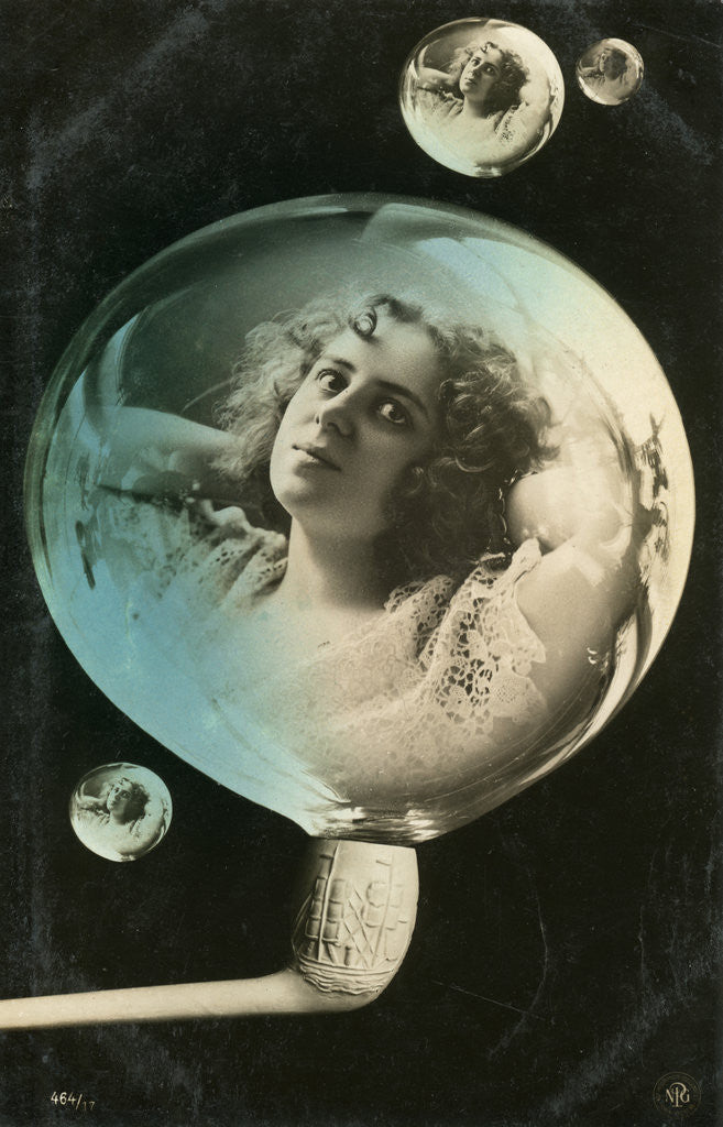 Detail of Woman reflected in a bubble, postcard by Anonymous