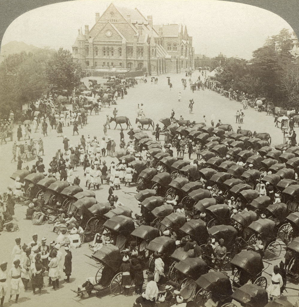 Detail of Rickshaws before Christ Church, Simla, India by Underwood & Underwood