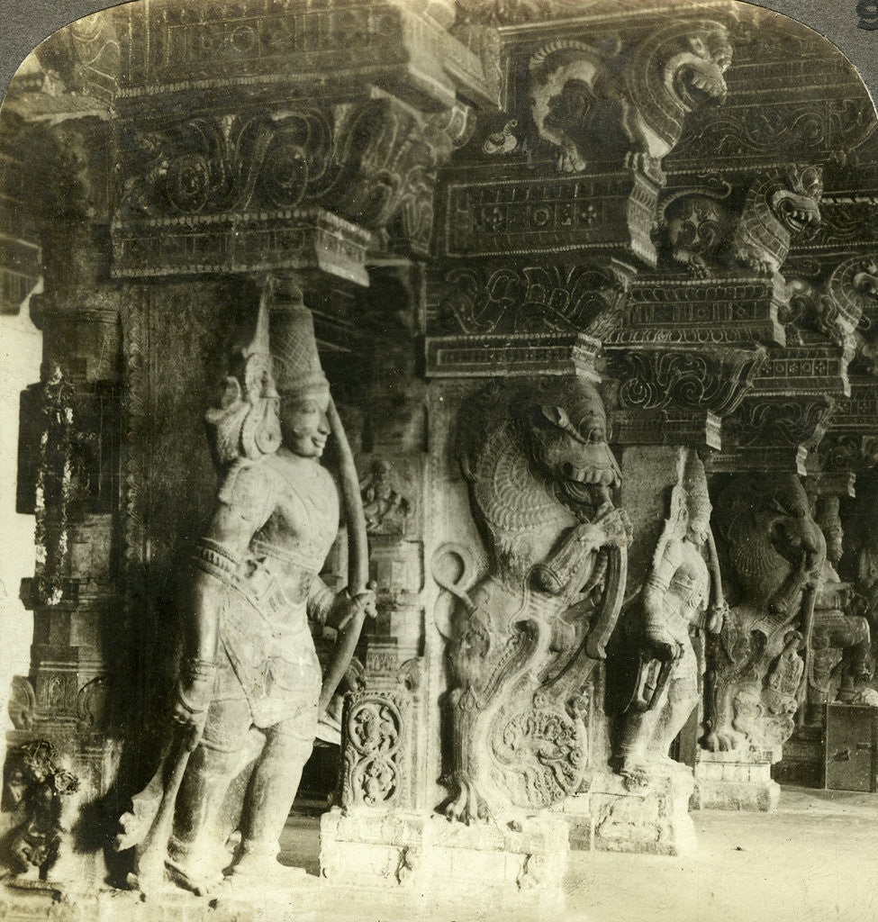 Detail of Pillars of a Hindu temple, Madurai, India by Underwood & Underwood