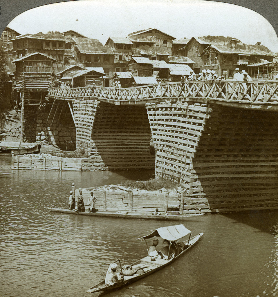Detail of Quaint bridge and houses, City of Sun, Kashmir, India by Underwood & Underwood