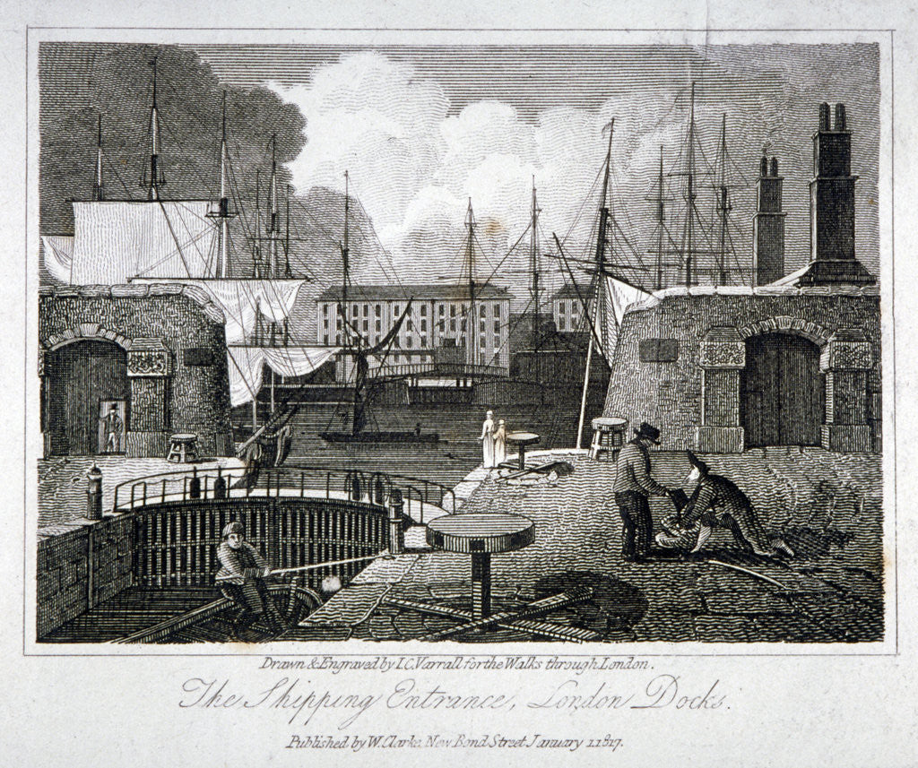 Detail of View of the shipping entrance to London Docks, Wapping by JC Varrall