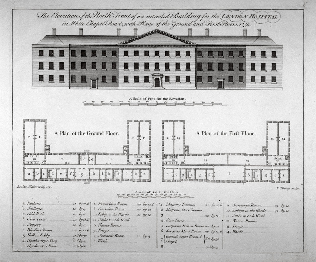 Detail of Elevation of the north front and plans of London Hospital, Whitechapel, London by John Tinney