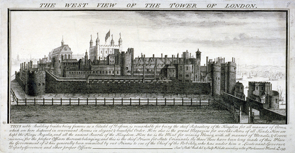 Detail of West view of the Tower of London, with a description by Samuel Buck