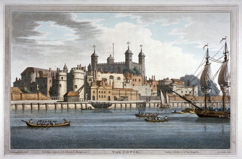 Detail of South view of the Tower of London with boats on the River Thames by Joseph Constantine Stadler