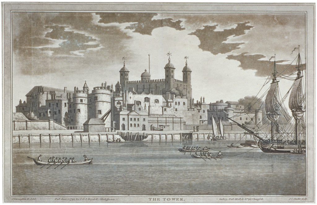 Detail of View the Tower of London from the River Thames with boats on the river by Joseph Constantine Stadler