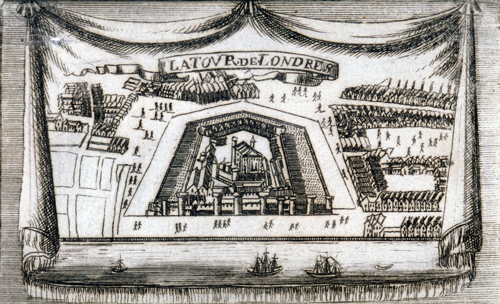 Detail of Aerial view of the Tower of London with boats on the River Thames by Anonymous