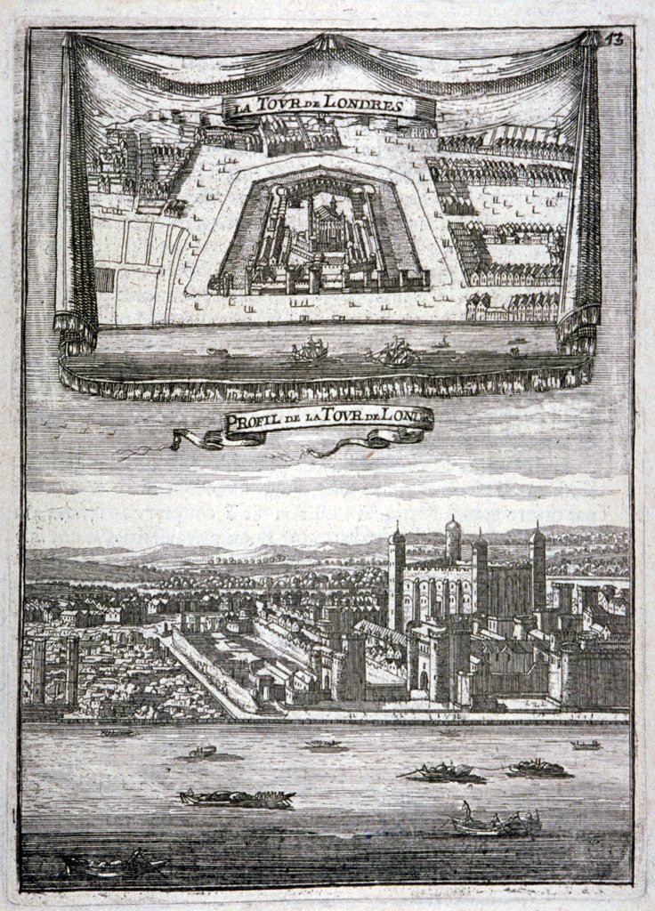 Detail of Two views of the Tower of London with boats on the River Thames by Anonymous