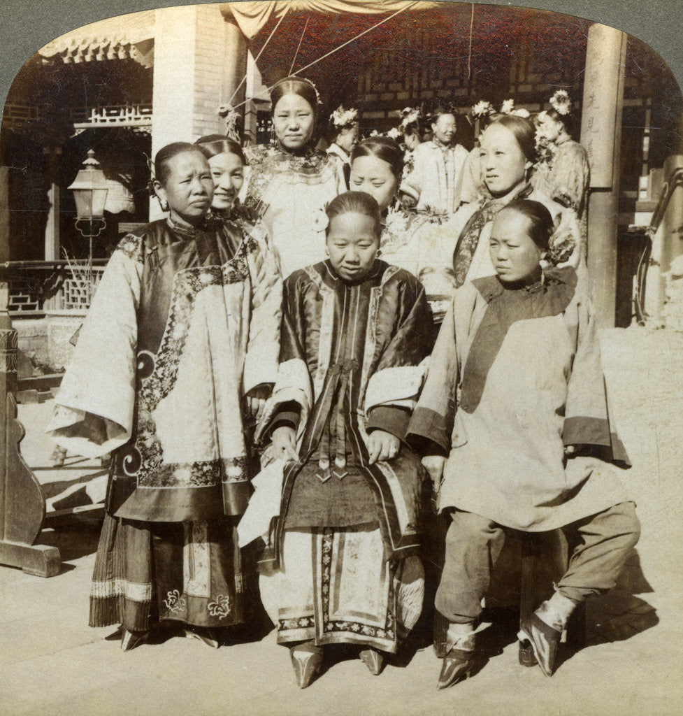 Detail of A group of women in the courtyard of a wealthy Chinese house, Peking, China by Underwood & Underwood