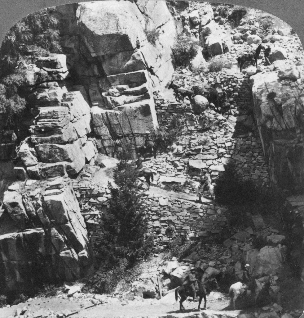 Detail of Climbing the steep zig-zag trail at the eastern end of Yosemite Valley, California, USA by Underwood & Underwood