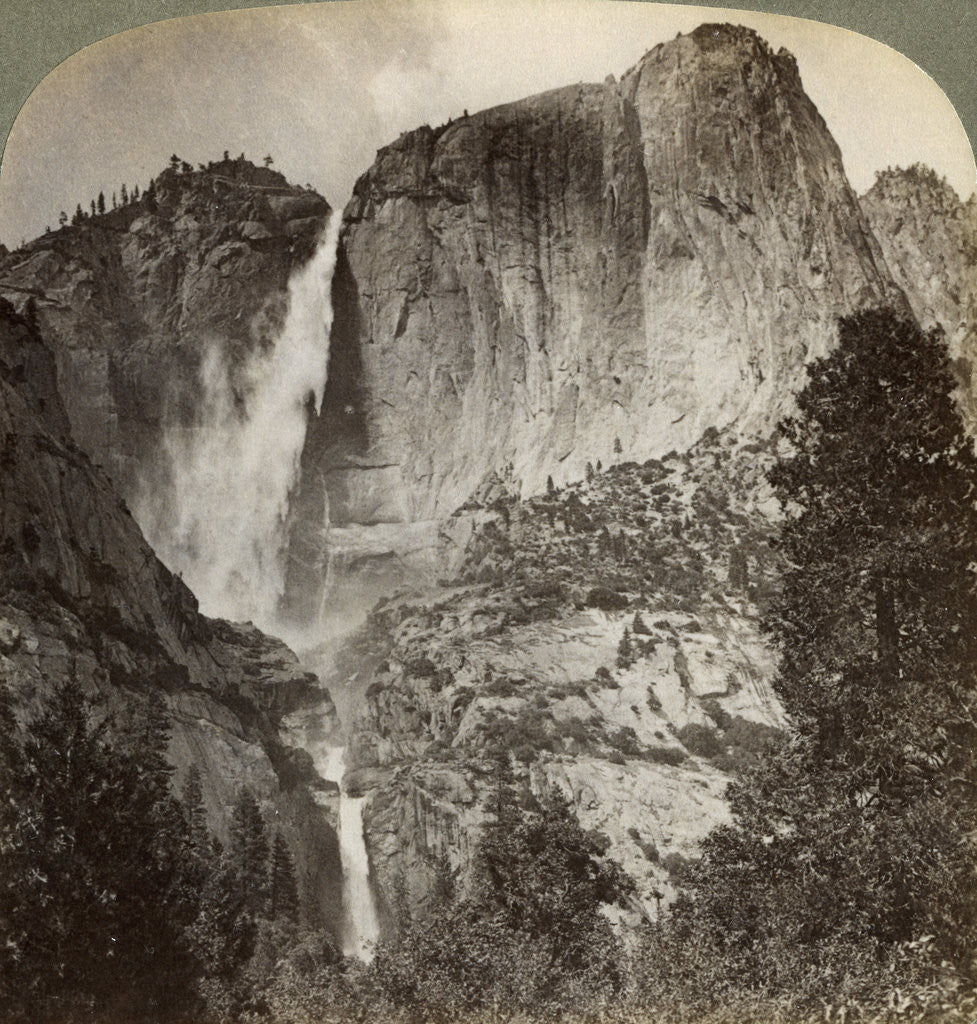 Detail of Yosemite Point and wind-blown Yosemite Falls, Yosemite Valley, California, USA by Underwood & Underwood
