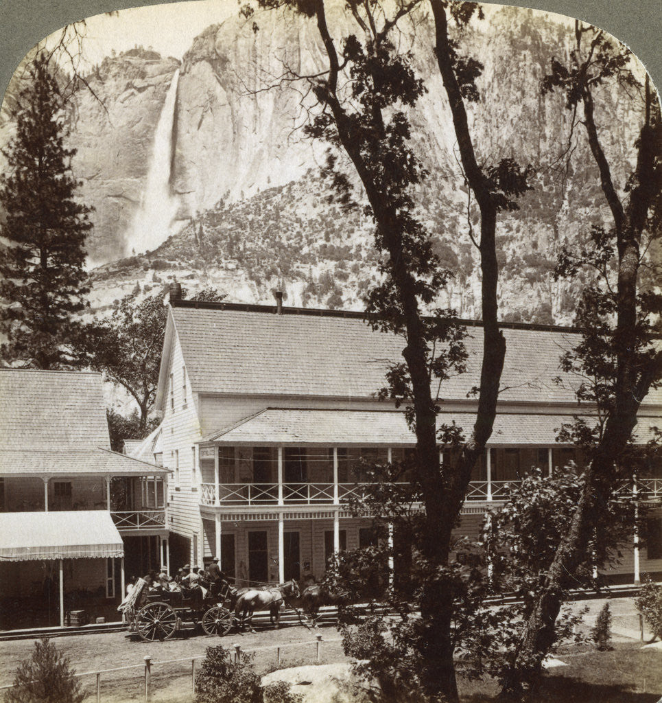 Detail of Sentinel Hotel, looking north across the valley to Yosemite Falls, California, USA by Underwood & Underwood