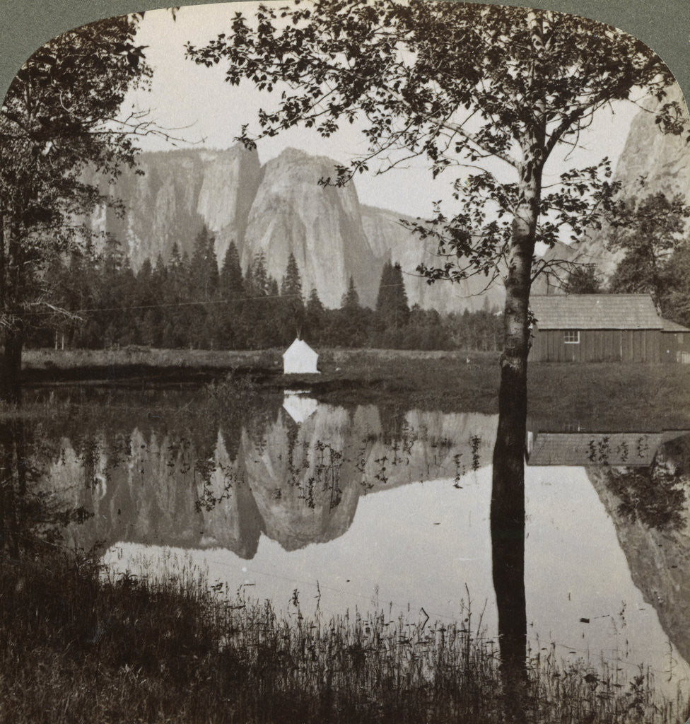 Detail of Mirror view of Cathedral Rocks, Yosemite Valley, California, USA by Underwood & Underwood