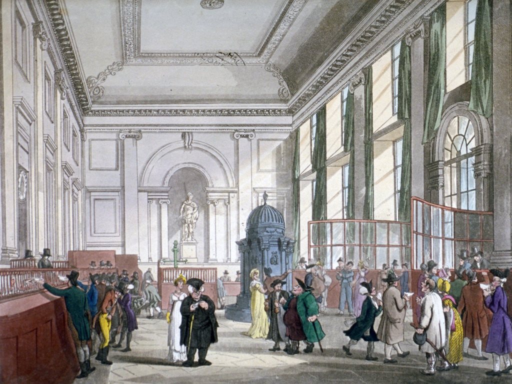 Detail of The Great Hall at Bank of England, City of London, 1809; with customers. and employees by Augustus Charles Pugin