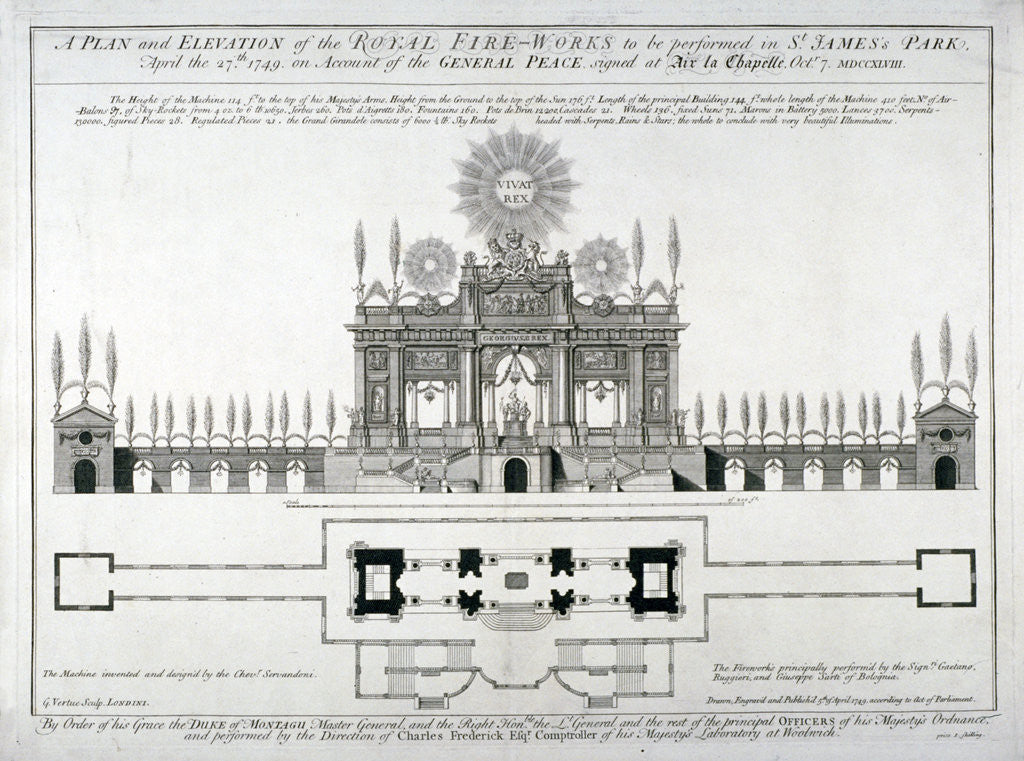 Detail of Plan and elevation of the royal fireworks to be performed in St James's Park, London by George Vertue