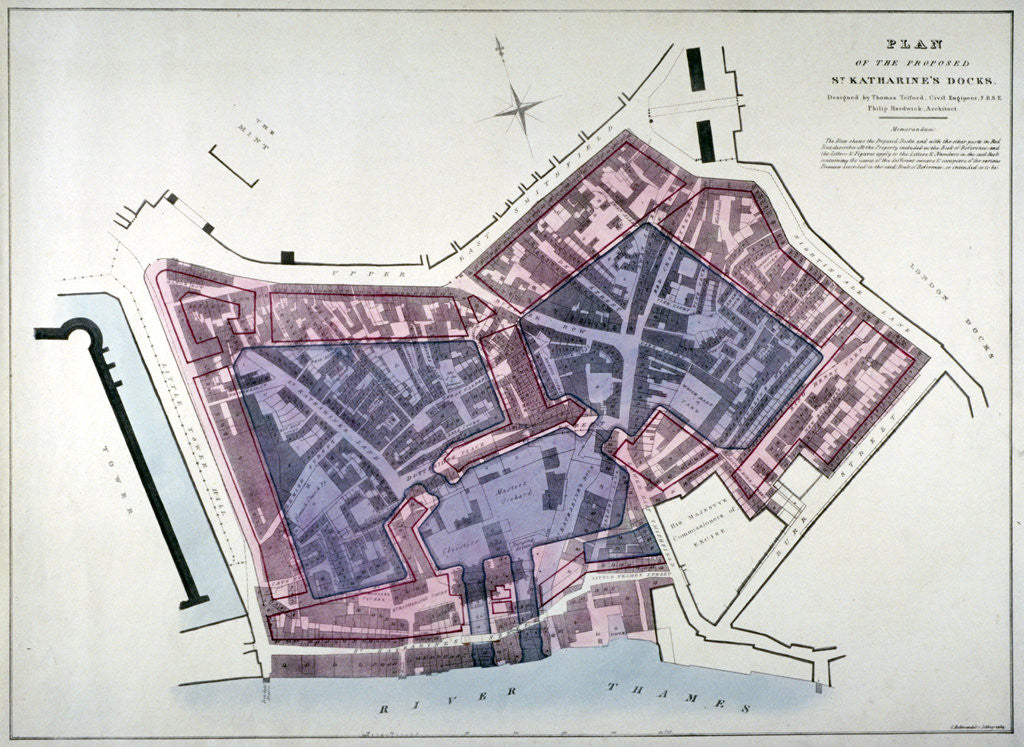 Detail of Plan of a proposal to construct a dock on the site of St Katharine's Hospital, London by Charles Joseph Hullmandel