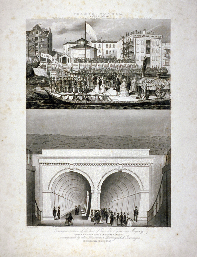 Detail of Two views of the Thames Tunnel, commemorating the visit by Queen Victoria, London by T Brandon
