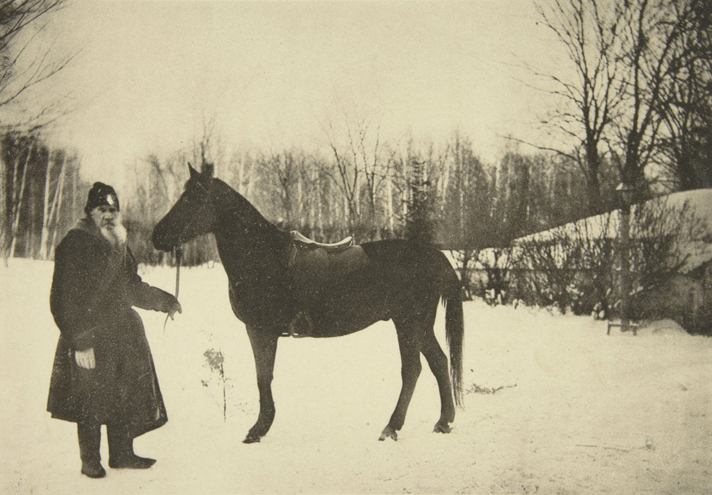 Detail of Russian author Leo Tolstoy with a horse, Yasnaya Polyana, near Tula, Russia, 1905. by Sophia Tolstaya