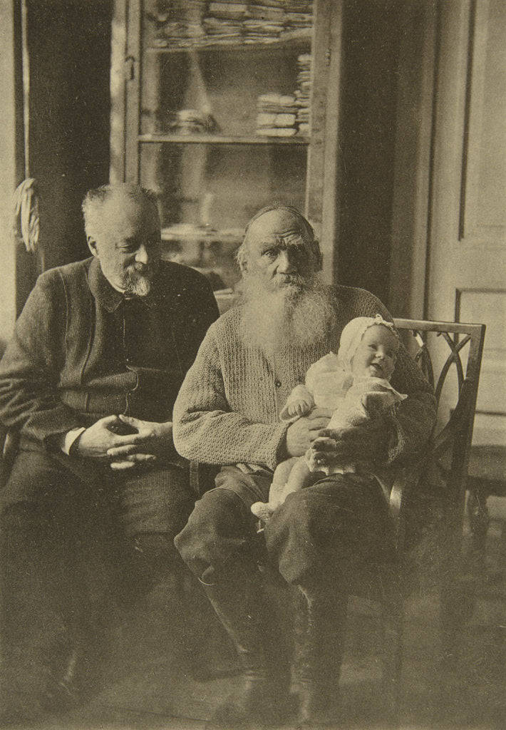 Detail of Russian author Leo Tolstoy with his son-in-law and granddaughter, Russia, c1905-c1906 by Sophia Tolstaya
