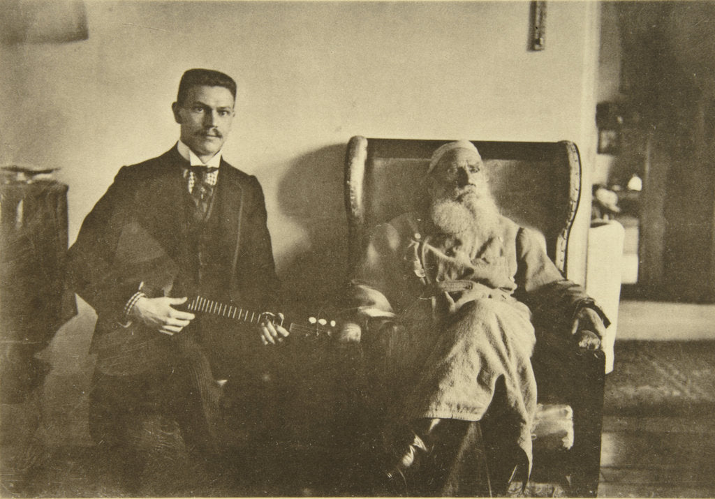 Detail of Russian author Leo Tolstoy with the balalaika player Boris Troyanovsky, Russia, 1909 by Sophia Tolstaya