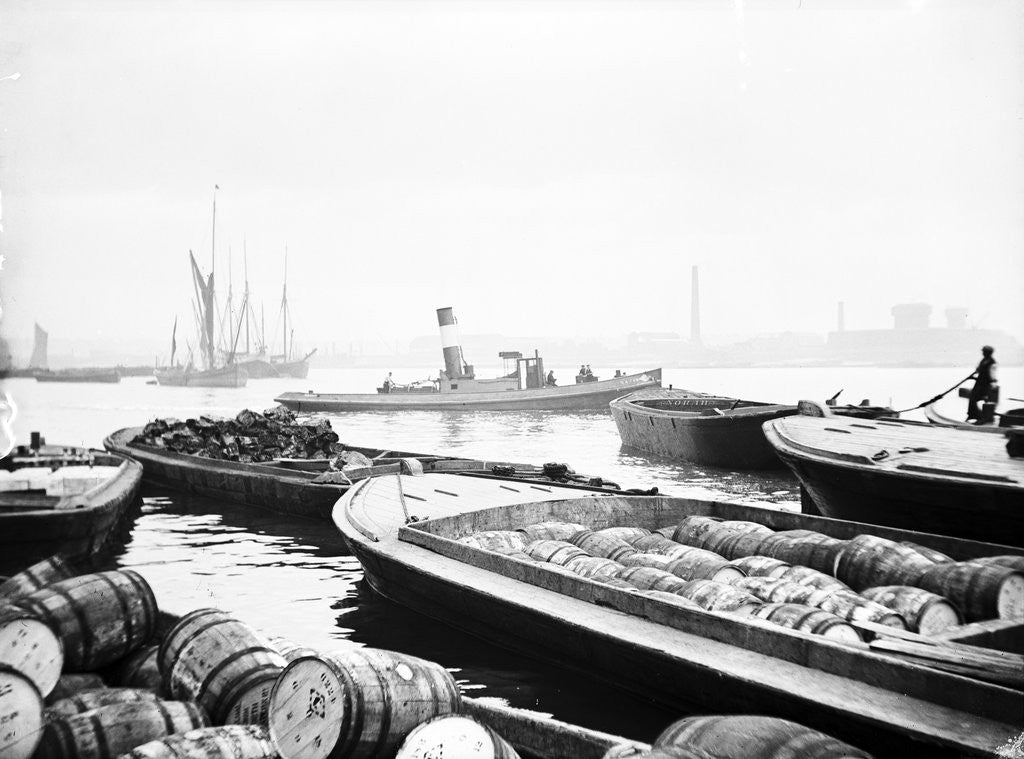 Detail of Steam tug moving between barges on the Thames, London by Anonymous