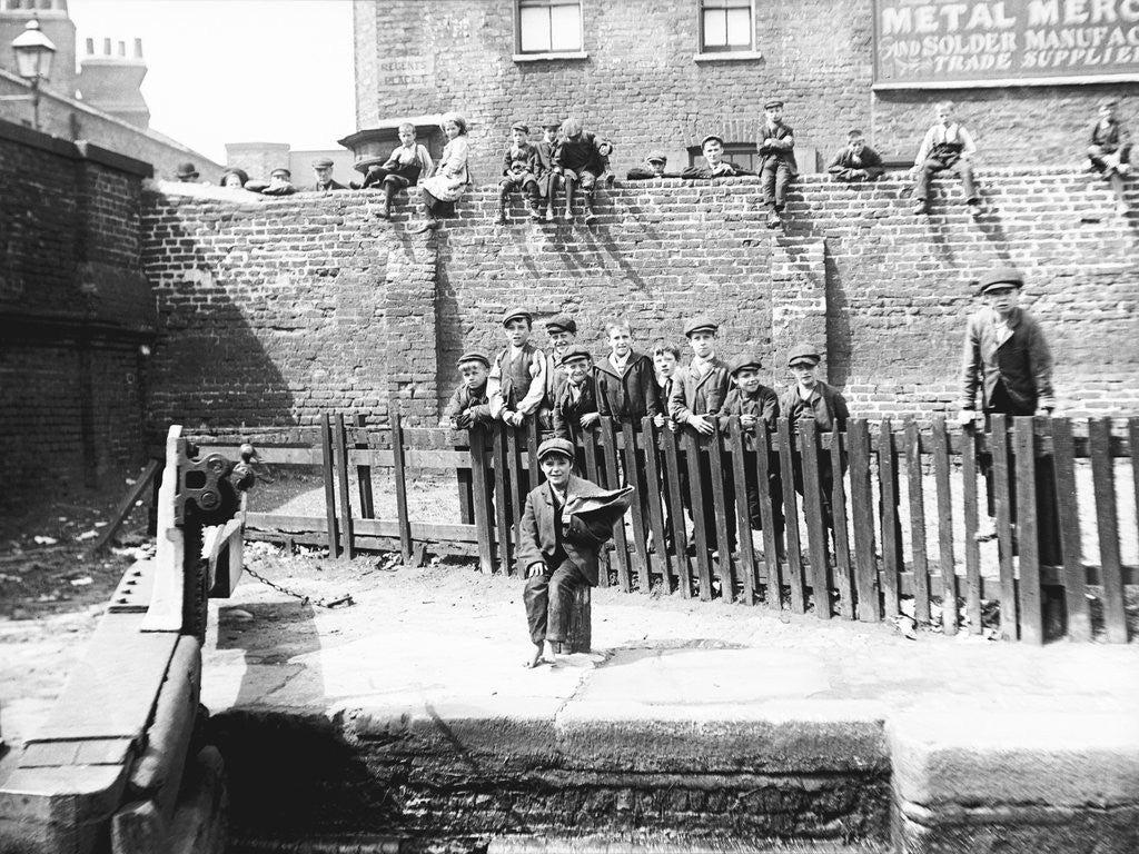 Detail of Boys by a lock on the Grand Union Canal, London by Anonymous