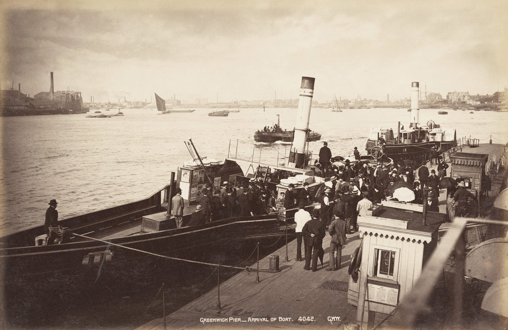Detail of A paddle steamer disembarking passengers at Greenwich Pier, London by Anonymous