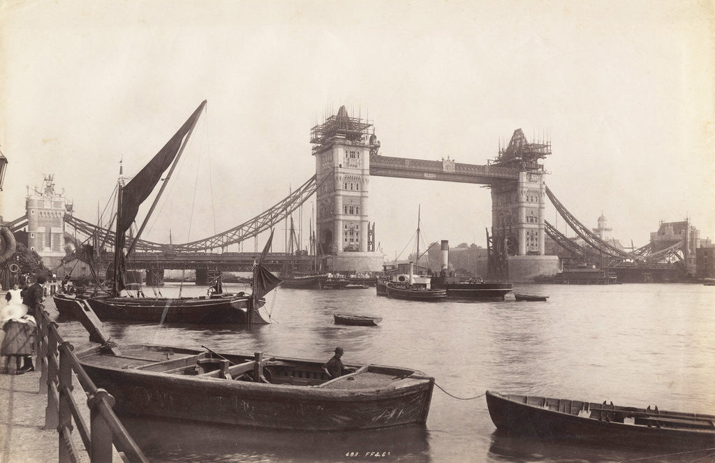 Detail of View of Tower Bridge under construction with river traffic in the foreground, London by Anonymous