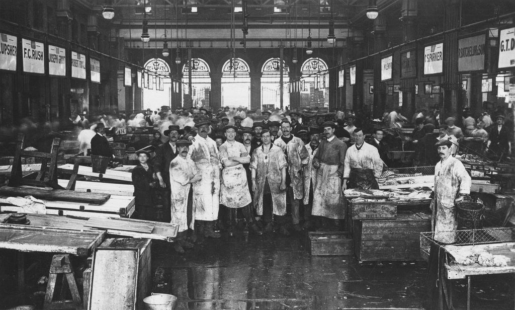 Detail of The interior of Billingsgate Market showing fishmongers and their stalls, London by Anonymous