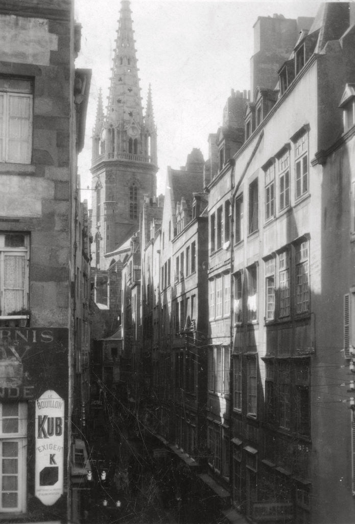 Detail of Street scene, showing the cathedral spire, St Malo, Brittany, France by Anonymous