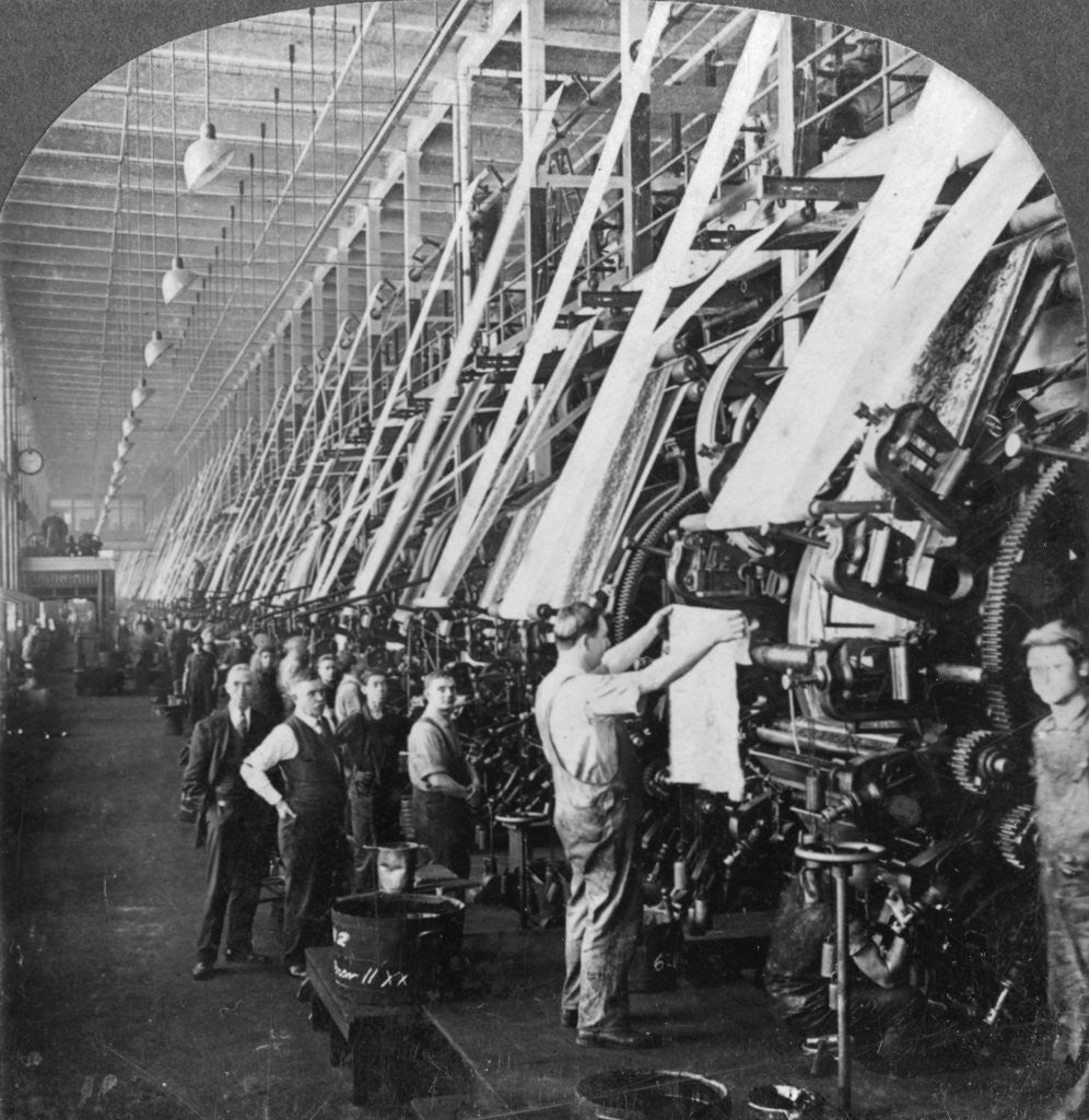 Detail of General view of a large printing room in a cotton mill, Lawrence, Massachusetts, USA by Keystone View Company