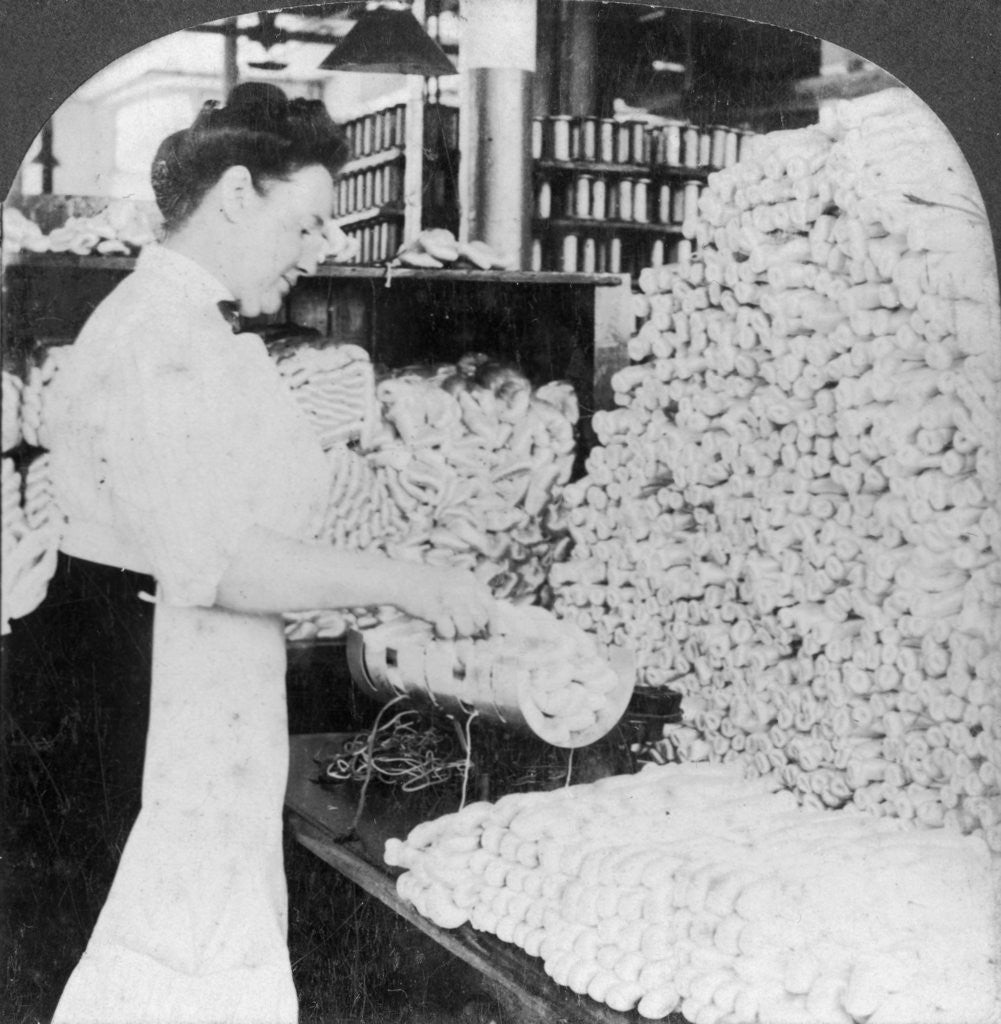 Detail of Weighing and sorting raw silk skeins, South Manchester, Connecticut, USA by Keystone View Company