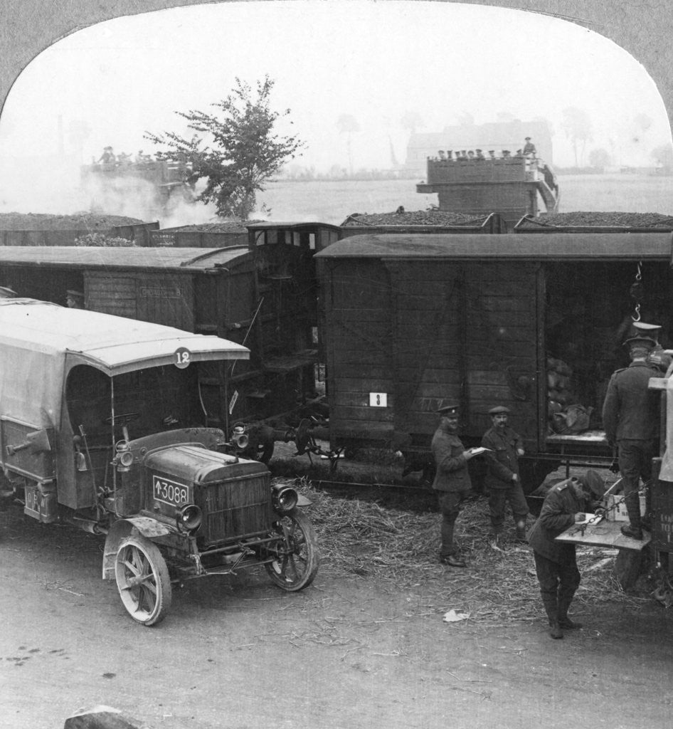 Detail of Troops and supplies are rushed from a railhead to the firing line, World War I by Realistic Travels Publishers