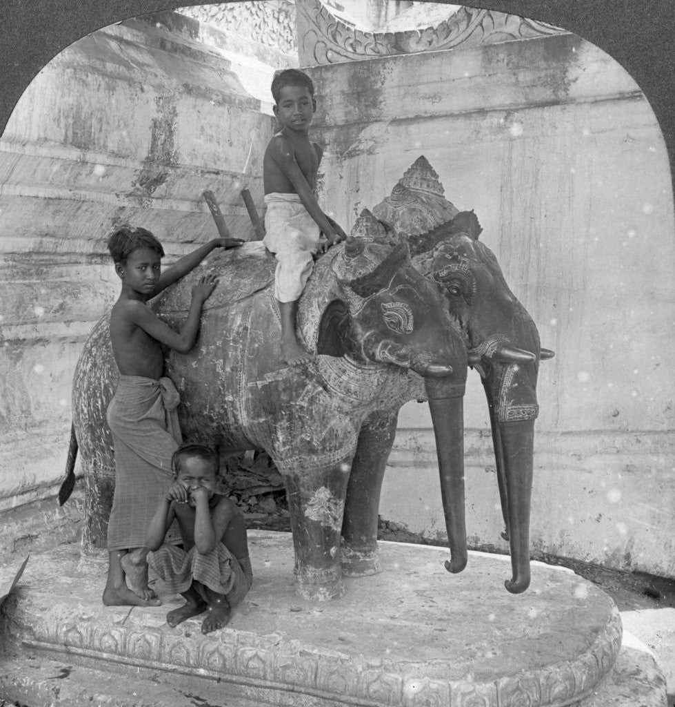 Detail of Three headed elephant guarding a sanctuary, Arakan Pagoda, Mandalay, Burma by Stereo Travel Co