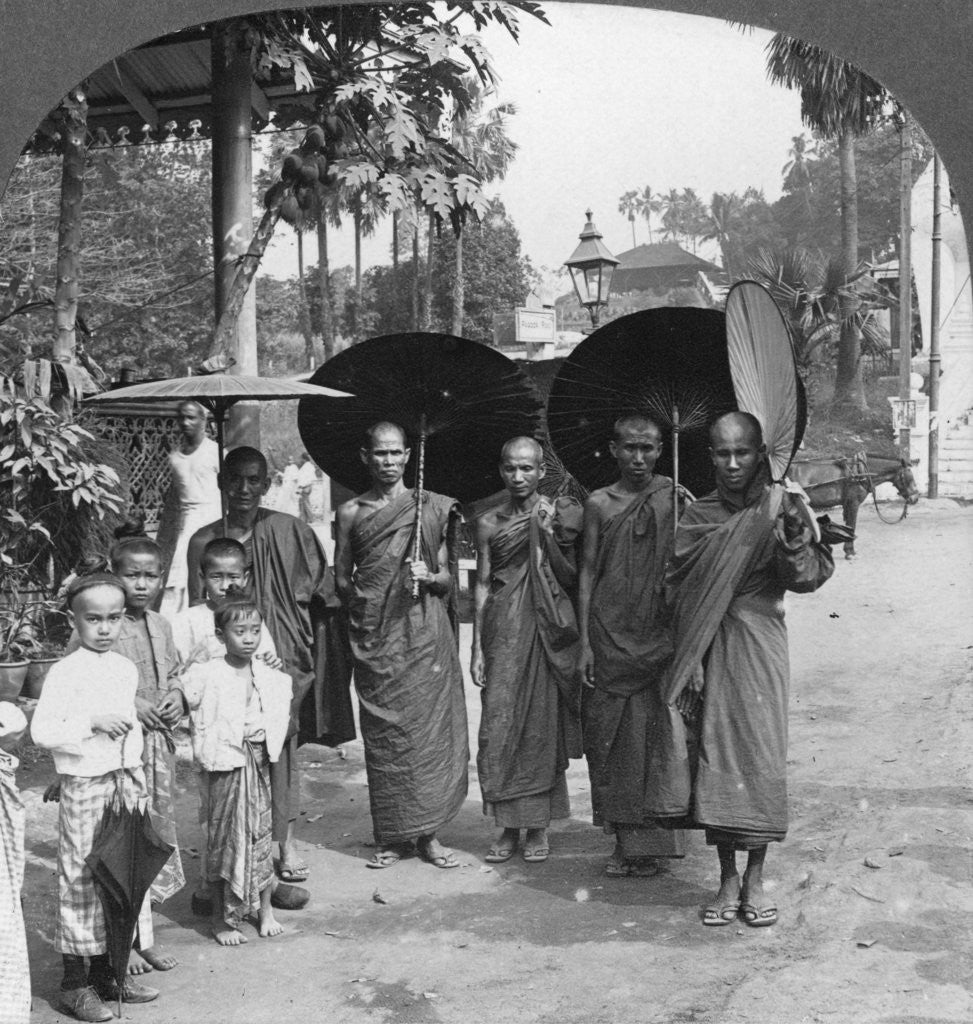 Detail of Buddhist monks with sunshades and fans, Rangoon, Burma by Stereo Travel Co