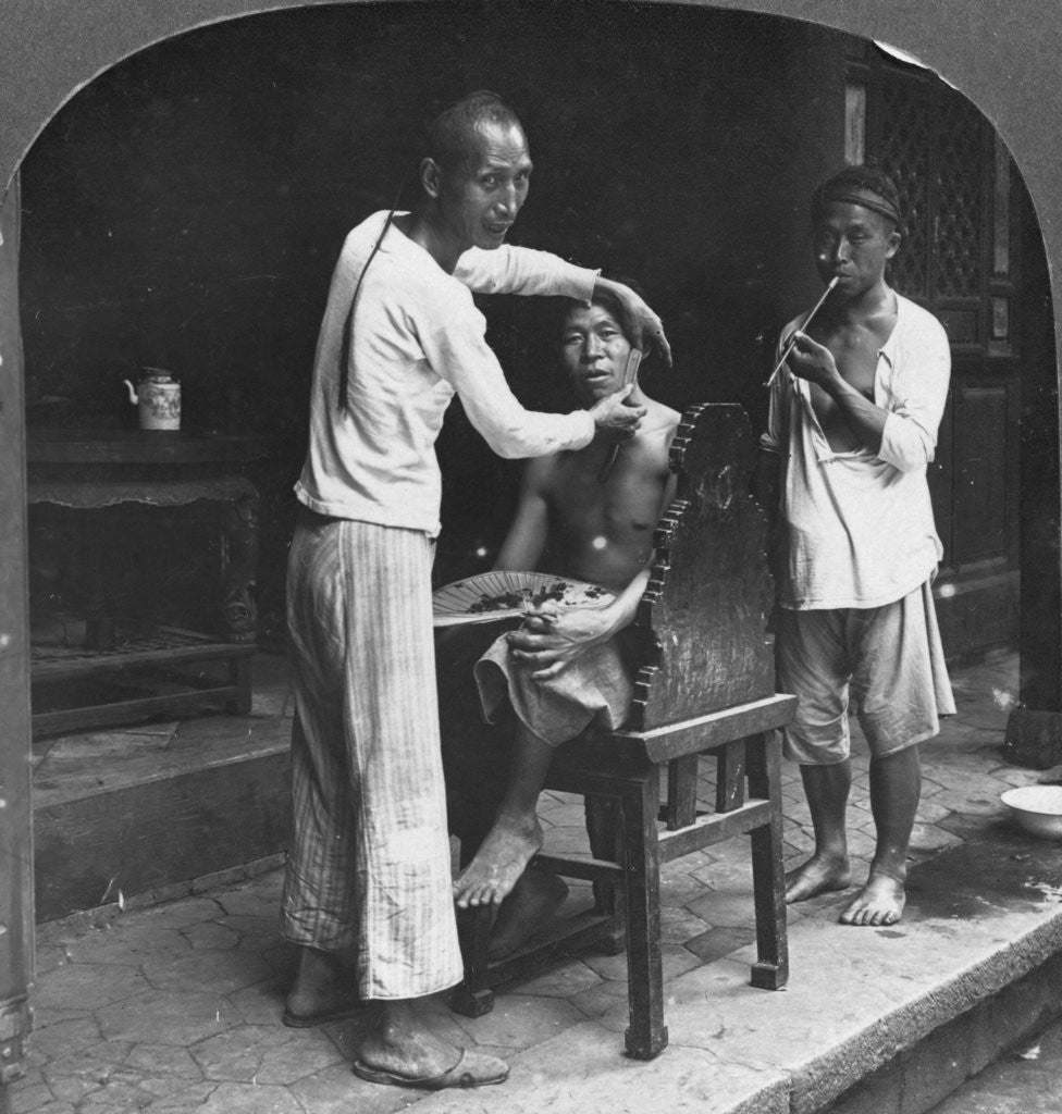 Detail of A Chinese barber at Bhamo, Burma by Stereo Travel Co
