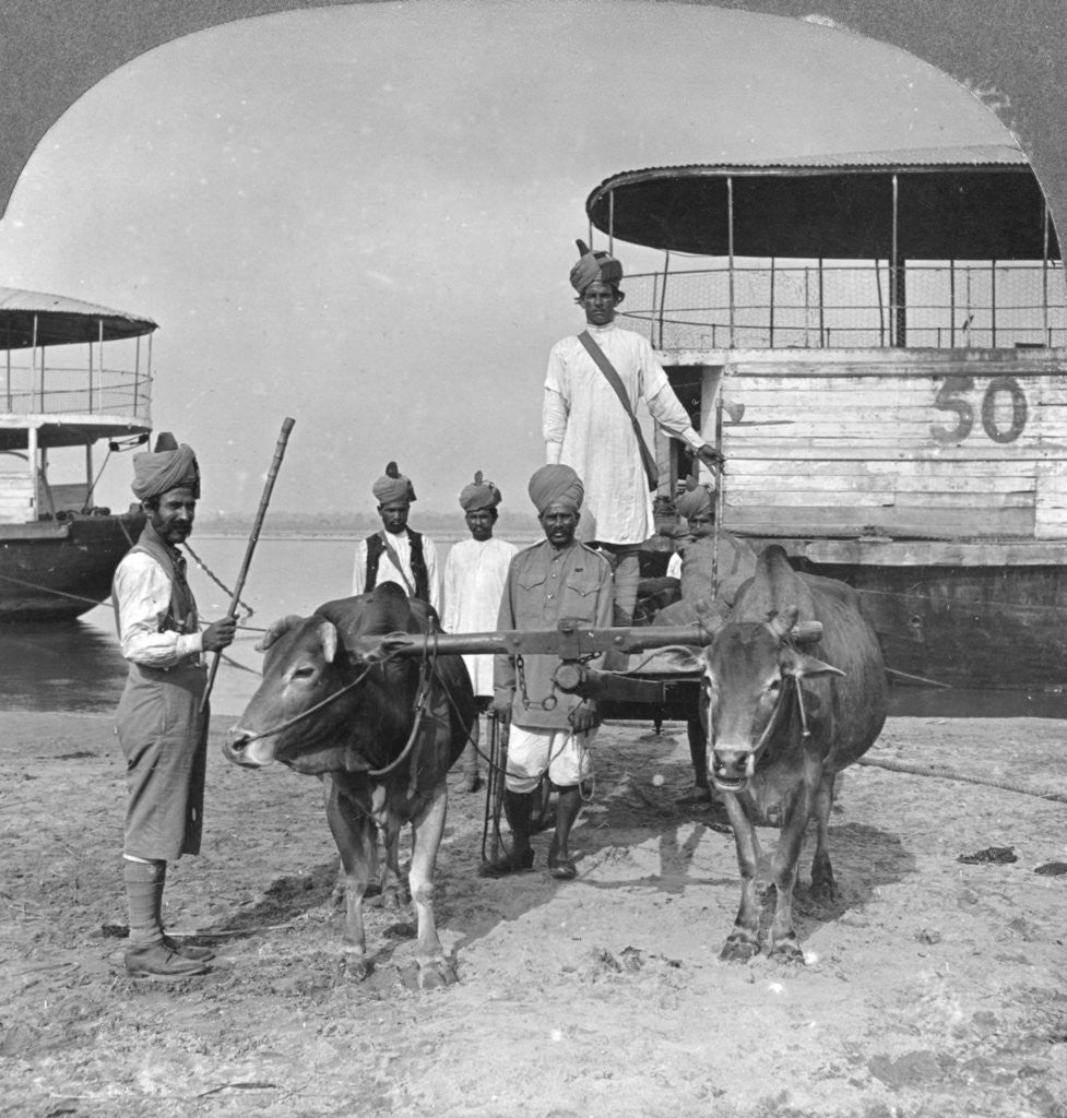 Detail of Military transport cart with an escort of Indian soldiers, Burma by Stereo Travel Co