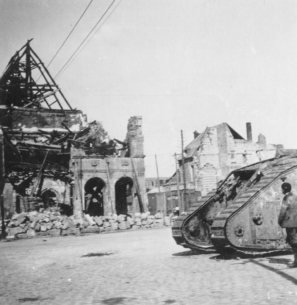 Detail of British tank in front of ruined buildings, Peronne, France, World War I by Nightingale & Co