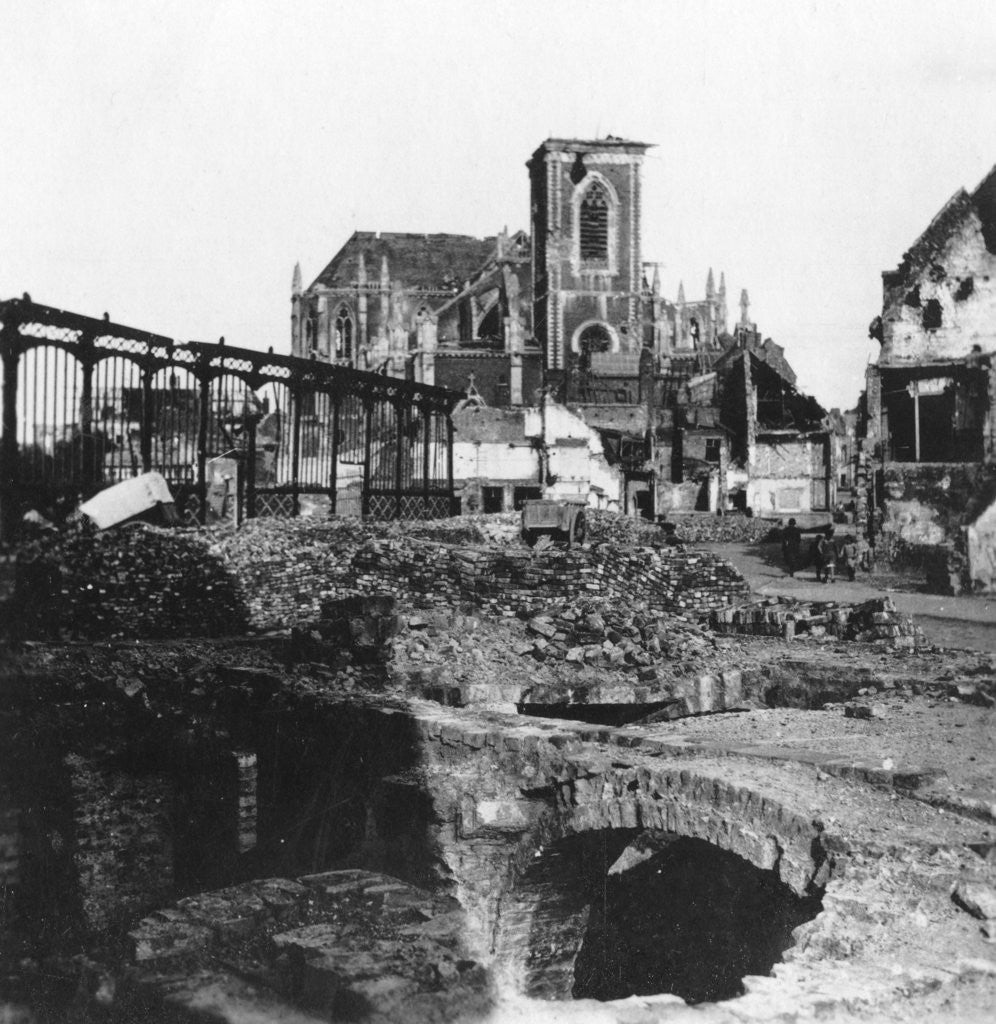 Detail of Damaged exterior of the Church of St Vaast, Armentières, France, World War I by Nightingale & Co