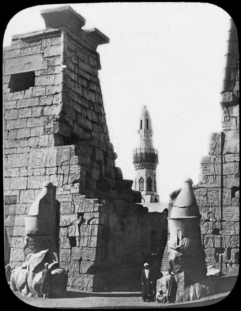 Detail of Minaret and ruins of Luxor Temple, Luxor, Egypt, c1890. Lantern slide by Newton & Co