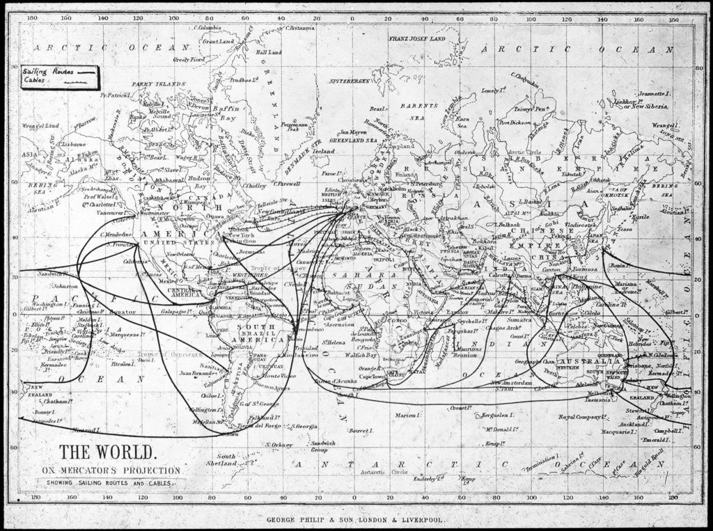 Detail of Map of the world showing sailing routes and telegraph cables by George Philip & Son Ltd