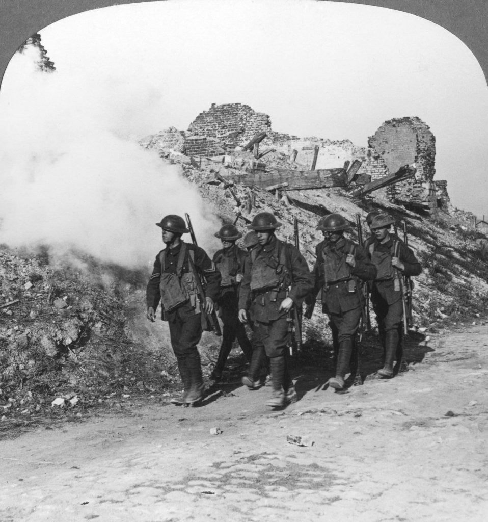 Detail of Troops passing the ruins of Monchy on the way up the line, France, World War I by Realistic Travels Publishers