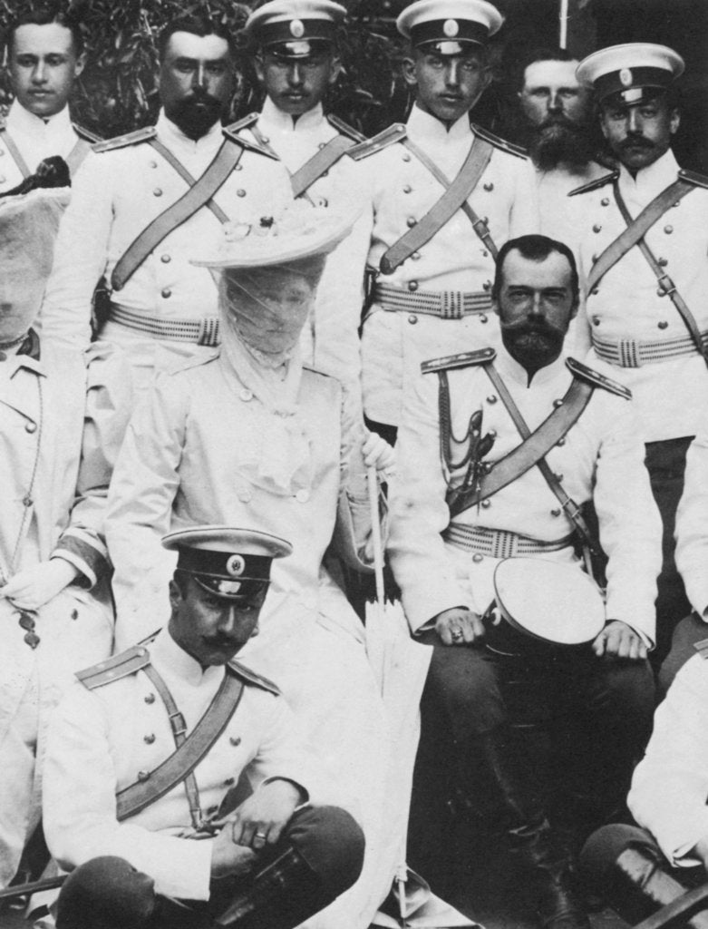 Detail of Tsar Nicholas II and Tsarina Alexandra Fyodorovna of Russia with a group of army officers, c1904 by Unknown