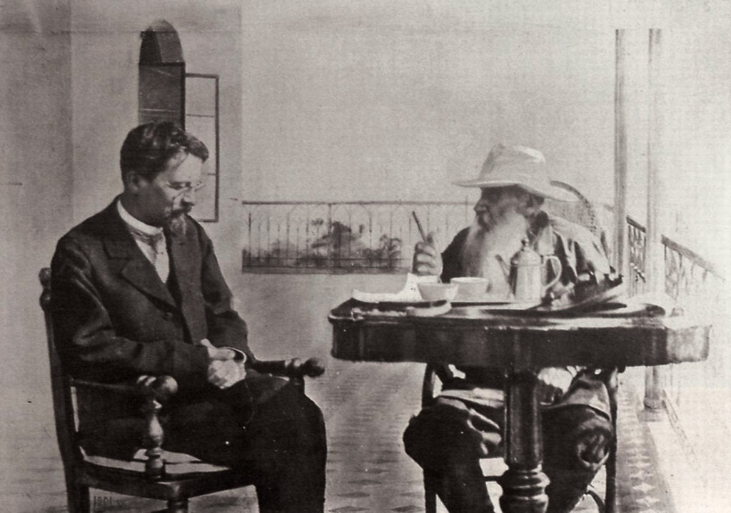 Detail of Leo Tolstoy and Anton Chekhov, Russian authors, 1902 by Sophia Tolstaya