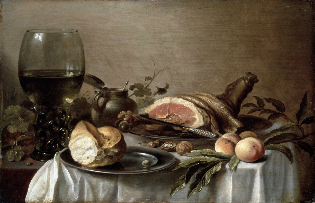 Detail of Breakfast with Ham, 1647. by Pieter Claesz