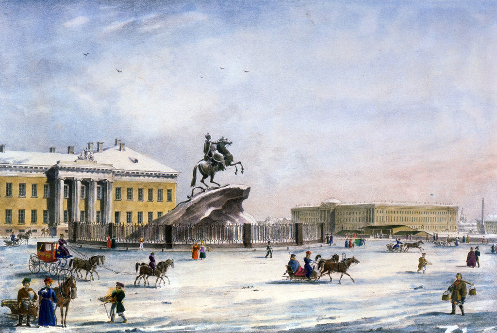 Detail of Monument of Peter the Great in the Senate Square of St Petersburg, Russia, winter, 1822 by Anonymous